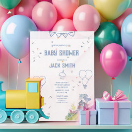 Invitación Train Blue Balloons Boy Whimsical Baby Shower