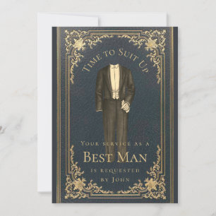 Invitación Traje Antiguo Es Hora de Vestirse Azul Dorado Prop