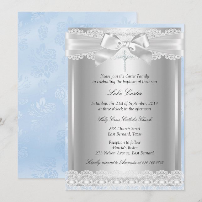 Invitación Traje azul y bautismo cruzado/Invitación a la cris (Anverso / Reverso)