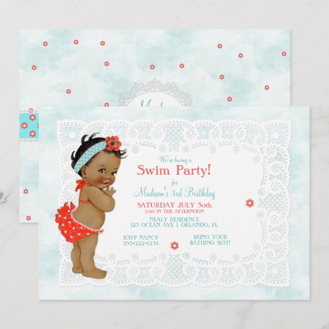 Invitación Traje de baño de encaje para bebé afroamericana (Anverso / Reverso)
