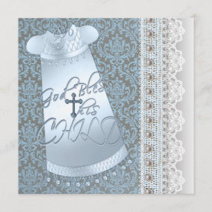 Invitación Traje de Bautizo Azul Marrón Bebé Niño en Damasco 