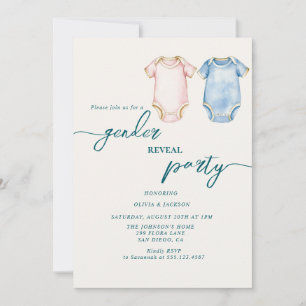 Invitación traje de bebé azul y rosa para revelar el sexo del