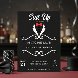 Invitación Traje de esmoquin con corbatín negro y rojo para d