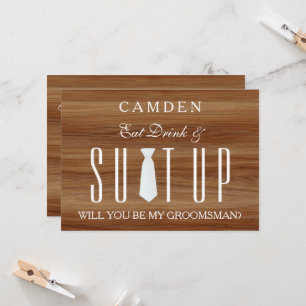 Invitación Traje de fondo de madera ¿Serás mi padrino?