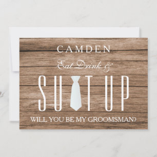 Invitación Traje de fondo de madera ¿Serás mi padrino?