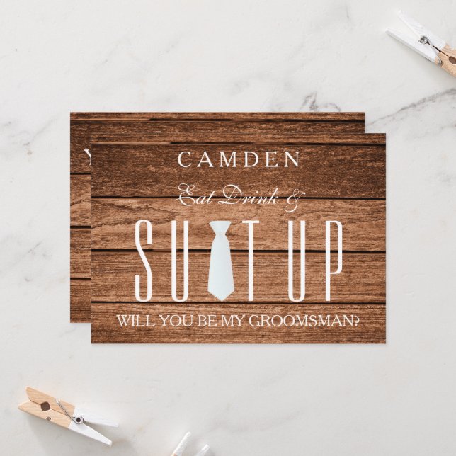 Invitación Traje de fondo de madera ¿Serás mi padrino? (Anverso/Reverso In Situ)