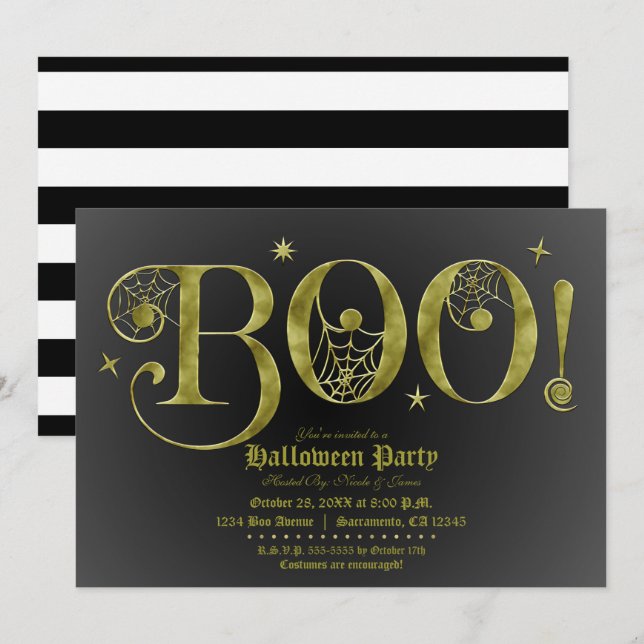 Invitación Traje de Halloween elegante negro verde BOO Party  (Anverso / Reverso)