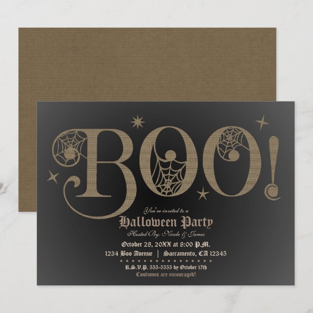 Invitación Traje de Halloween Rústico Marrón Elegante BOO Fie (Anverso / Reverso)