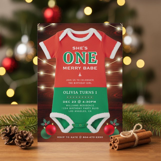 Invitación Traje de Navidad para cumpleaños número uno Rustic (Christmas 1st Birthday Party Bodysuit Rustic Wood Invitation
)