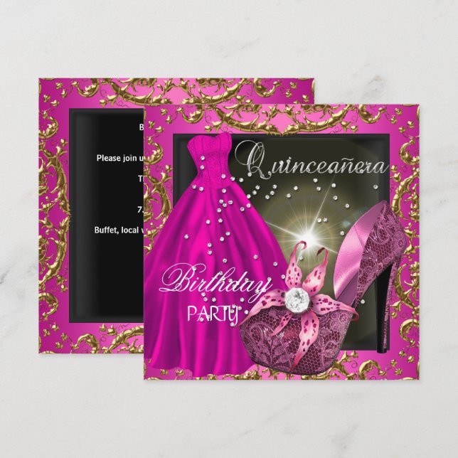 Invitación traje de vestir rosado de la quinceanera 15ª fiest (Anverso / Reverso)