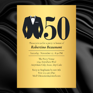 Invitación Traje Elegante de Hombre Tuxedo Negro Dorado Cumpl