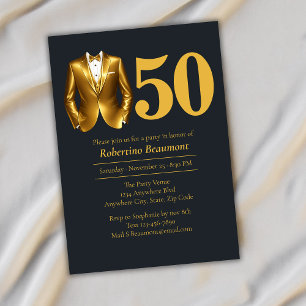 Invitación Traje elegante para hombre negro dorado Cumpleaños