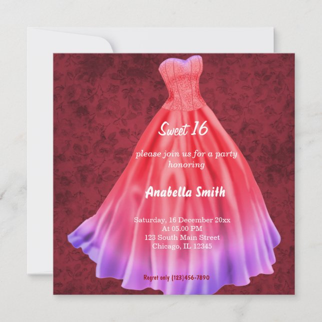 Invitación Traje largo Sweet 16 (rojo) (Anverso)