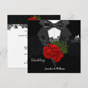 Invitación Traje negro blanco de boda Rosa Roja Profunda