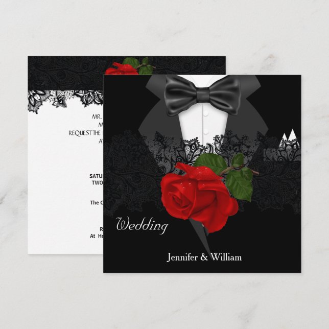 Invitación Traje negro blanco de boda Rosa Roja Profunda (Anverso / Reverso)
