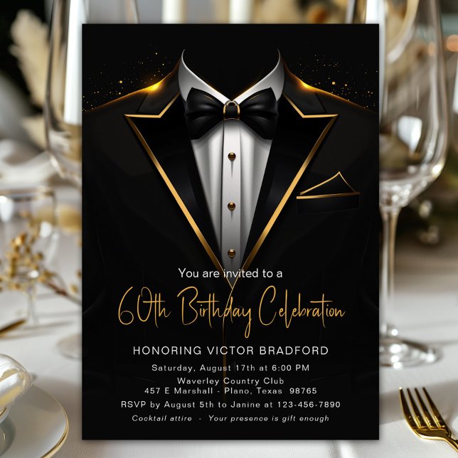 Invitación Traje negro de oro Tuxedo Hombres Cumpleaños cualq (Black and gold tuxedo any number birthday or event invitation. Simply add your details.)