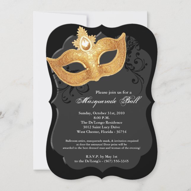Invitación Traje negro Halloween de la máscara de la bola de (Anverso)
