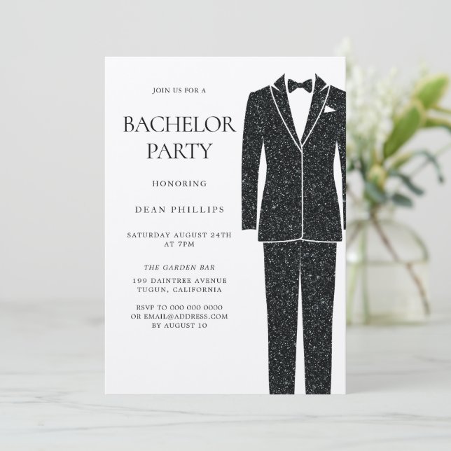 Invitación Traje negro y corbata Champagne Shimmer Despedida  (Anverso de pie)