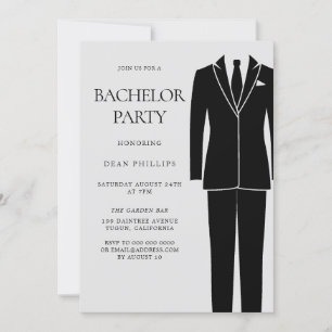 Invitación Traje negro y corbata para fiesta de soltero