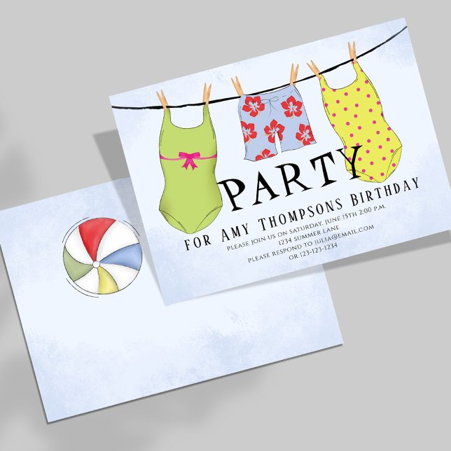 Invitación Trajes de baño lindos para cumpleaños con fiesta e (With a whimsical beach ball on the backside. )