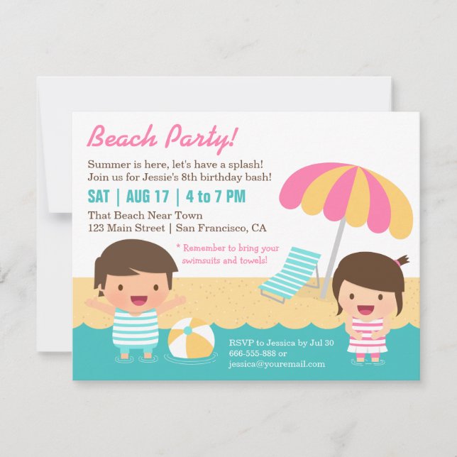 Invitación Trajes de baño lindos para niños Fiesta de cumplea (Anverso)