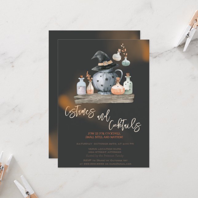 Invitación Trajes de bruja de calabaza y cóctel Black Hallowe (Anverso/Reverso In Situ)