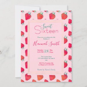 Invitación Trama rosa rosado de fresas rojas de época