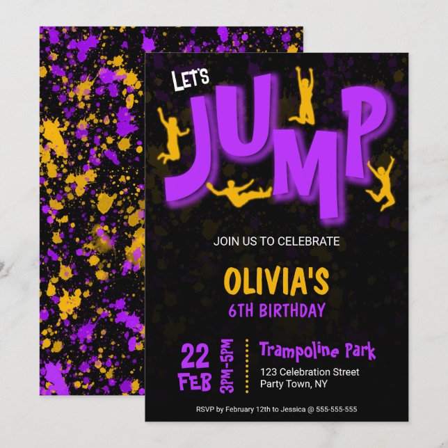 Invitación Trampolín de pintura amarilla morada neón para fie (Anverso / Reverso)