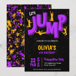 Invitación Trampolín de pintura amarilla morada neón para fie