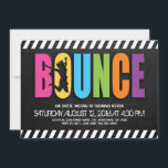 Invitación Trampoline Court Kids Fiesta de cumpleaños<br><div class="desc">Un telón de fondo negro con un borde urbano,  letras multicolores,  un niño saltando al aire y una sencilla redacción en blanco.</div>