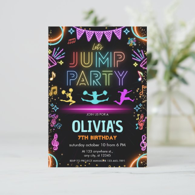 Invitación Trampoline de Neon brillante salta Cumpleaños (Anverso de pie)
