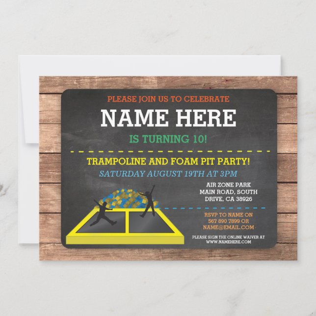Invitación Trampoline Foam Pit Jump Fiesta Birthday Fun Invit (Anverso)