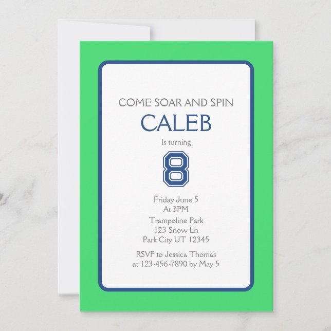 Invitación Trampoline Park Soar y Spin Birday (Anverso)