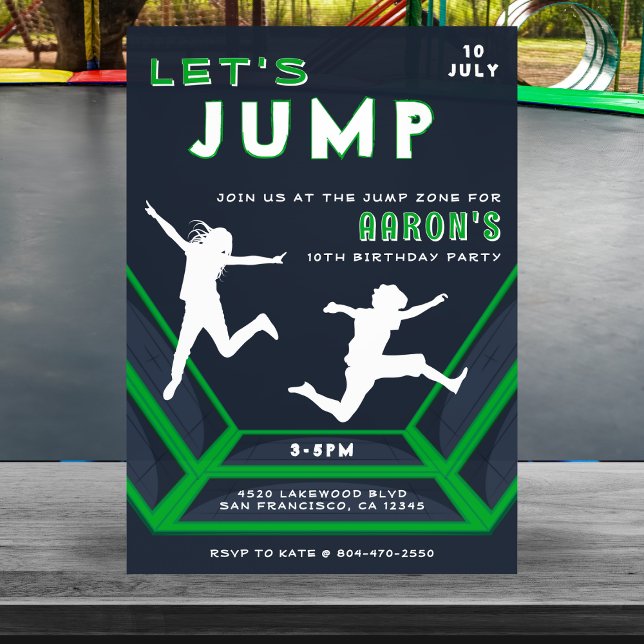 Invitación Trampoline Park Vamos a saltar a la fiesta de cump (Trampoline Park Let's Jump Green Birthday Party Invitation
)
