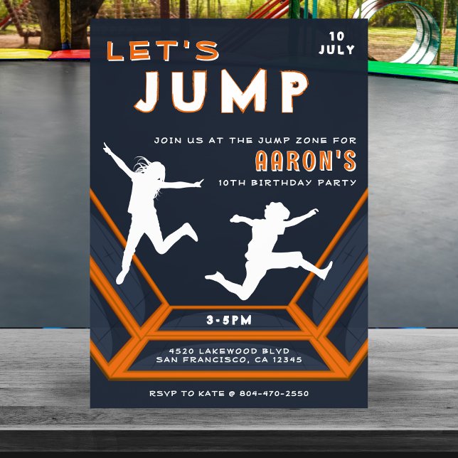 Invitación Trampoline Park Vamos a saltar fiesta de cumpleaño (Trampoline Park Let's Jump Orange Birthday Party Invitation
)