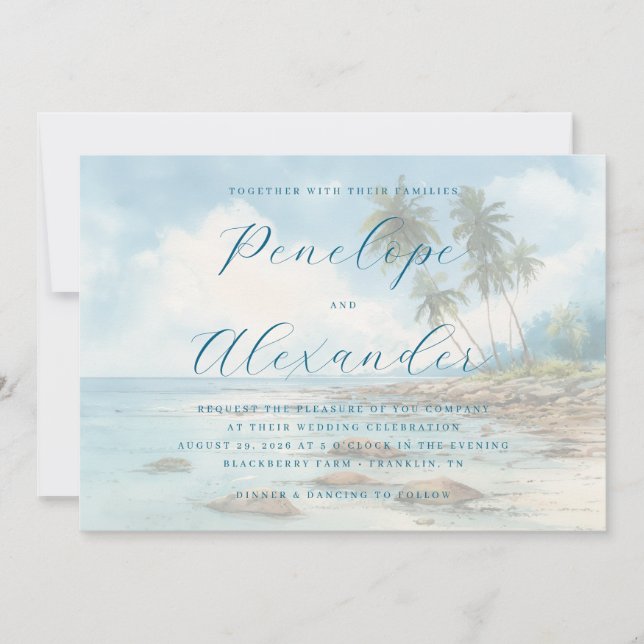 Invitación Tranquil Blue Watercolor Beach Scene (Anverso)