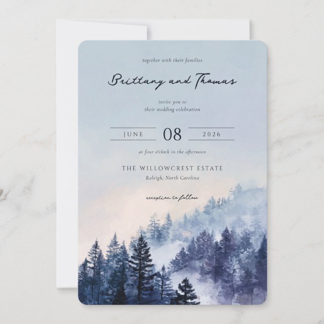 Invitación Tranquil Blue Watercolor Forest (Anverso)