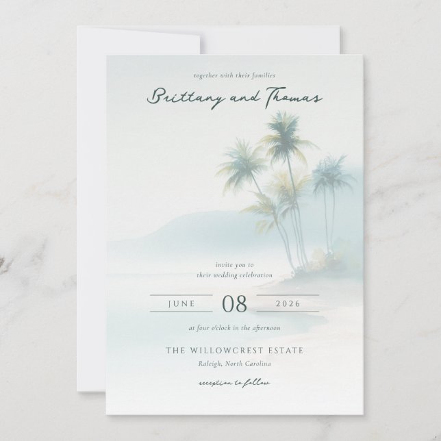 Invitación Tranquil Pastel Watercolor Palm Trees (Anverso)