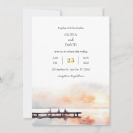 Invitación Tranquila Seaside Soft Sunrise Pier Beach Wedding