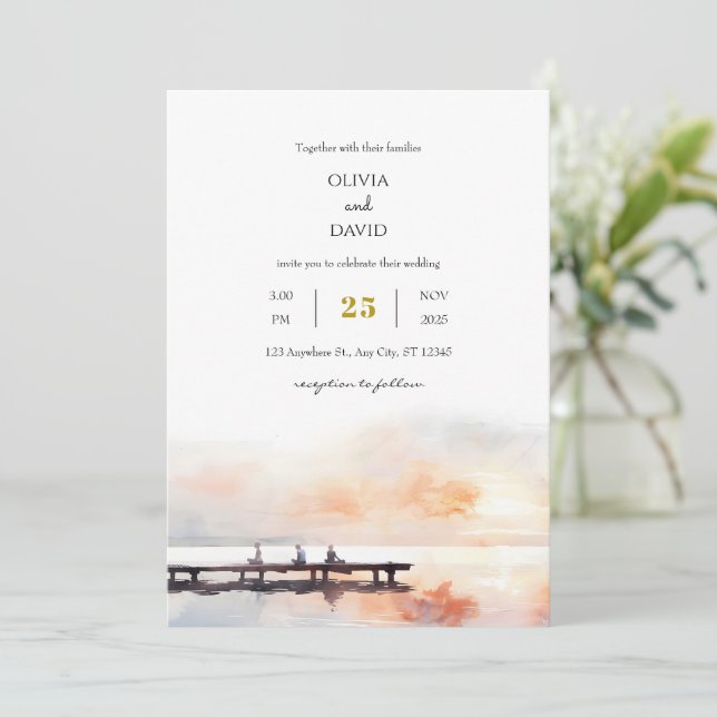 Invitación Tranquila Seaside Soft Sunrise Pier Beach Wedding (Anverso de pie)