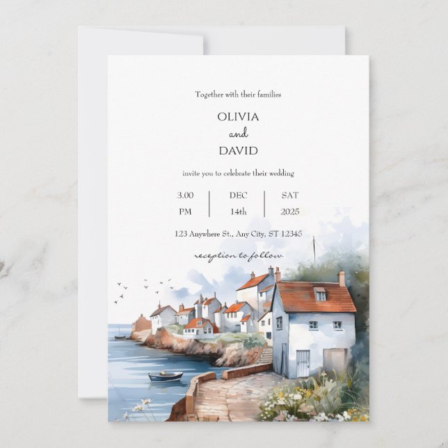 Invitación Tranquilo Boda de Casas de Aldea Costera (Anverso)