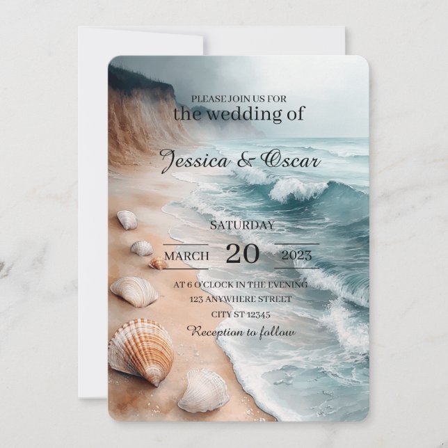 Invitación Tranquilo Boda de fondo costero (Anverso)