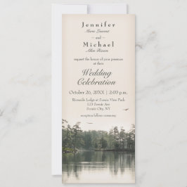 Invitación tranquilo lago rústico evergreens reflejo delgado