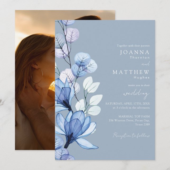 Invitación Transparente floral foto boda dusty blue (Anverso / Reverso)