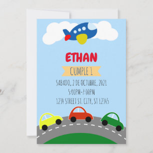 INVITACIÓN TRANSPORTACION CUMPLEANOS DE NINO, CARRITOS