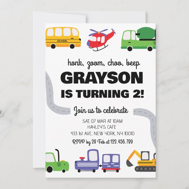 Invitación Transportation 2nd Birthday Invitation for Boy (Anverso)