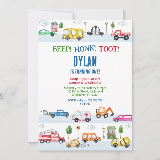 Invitación Transportation City Cars and Truck Boy Birthday (Anverso)