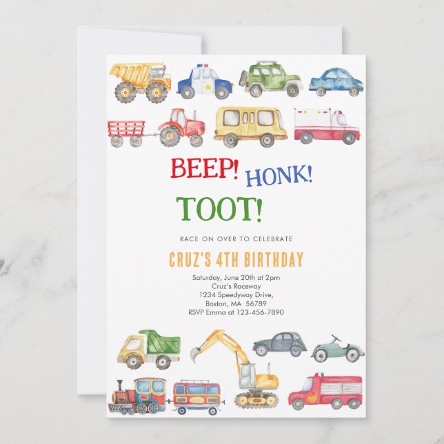 Invitación Transportation City Cars and Truck Boy Birthday (Anverso)