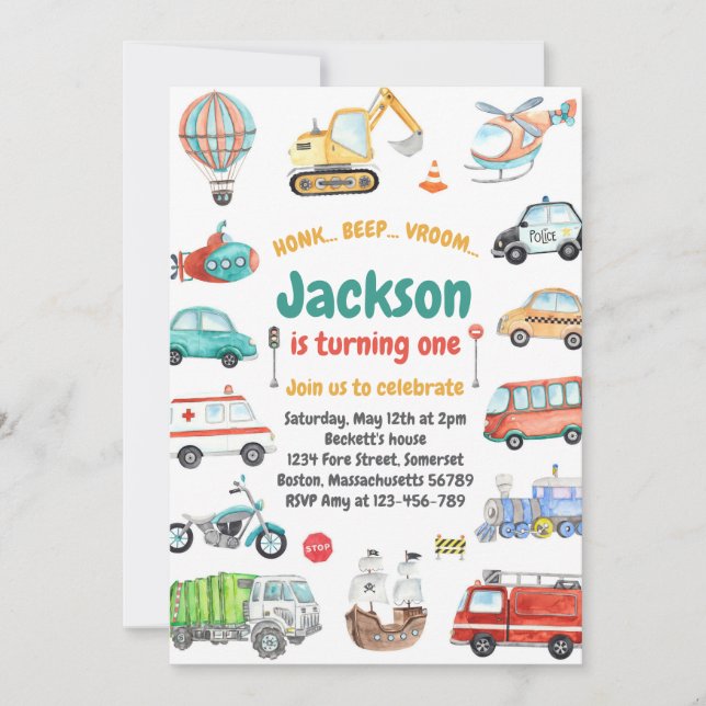 Invitación Transportation City Cars and Truck Boy Birthday (Anverso)