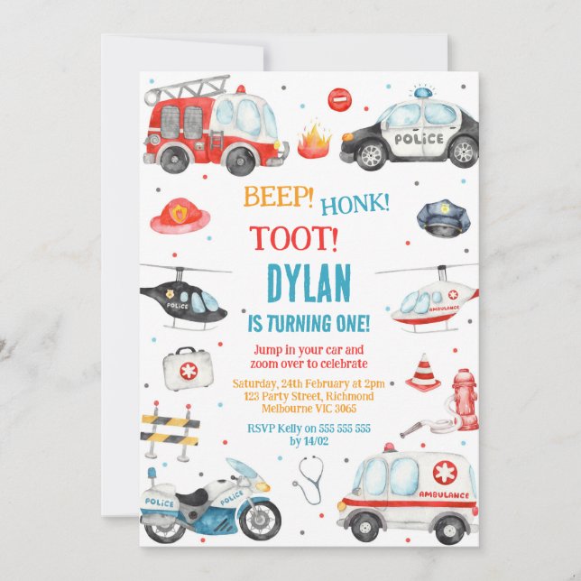 Invitación Transportation City Cars and Truck Boy Birthday (Anverso)
